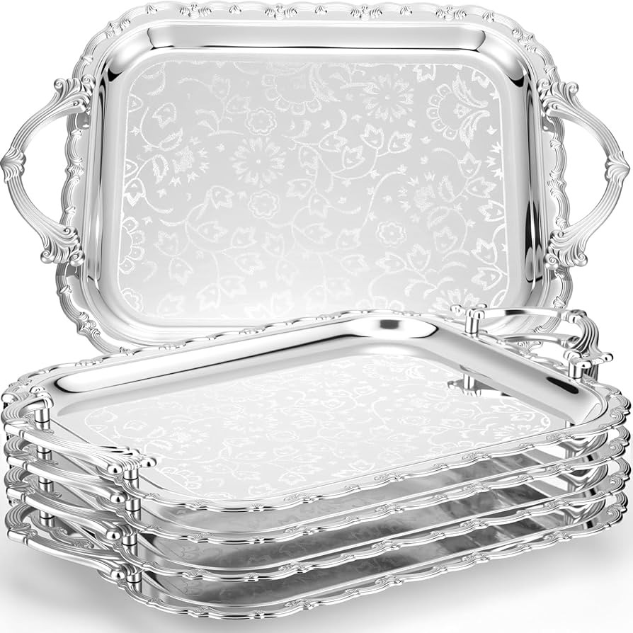 4 Pcs Silver Serving Tray with Handles Elegant Victoria Floral Engraved Metal Platters Large Deco... | Amazon (US)