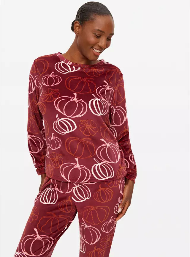 Burgundy Halloween Pumpkin Printed Slinky Fleece Pyjamas S | Tu Clothing