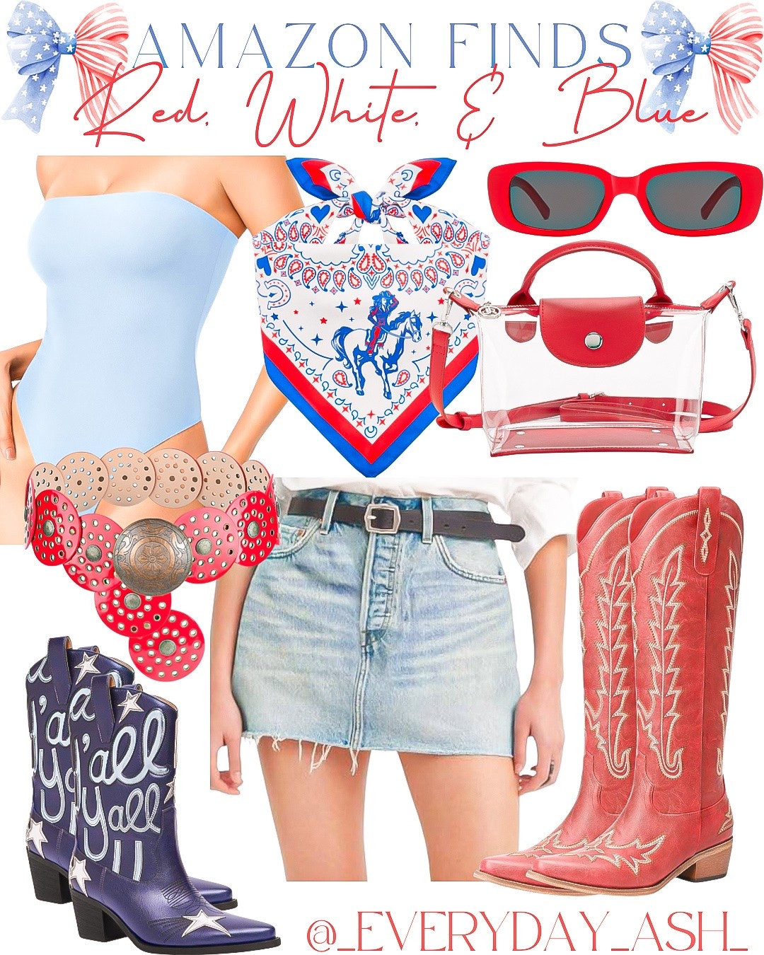 Fourth of July - western style 🇺🇸🇺🇸

Blue bodysuit, bandana, red sunglasses, denim skirt, red western boots, blue western boots, red belt , country concert outfit

#LTKgrwm #LTKootd #LTKTravel