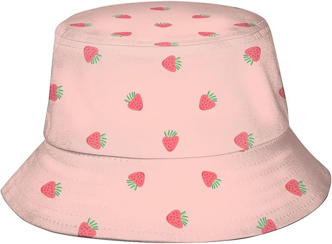 Pink Strawberry Background Unisex Bucket Hat Reversible Fisherman Hat Plant Printed Solid Color O... | Amazon (US)