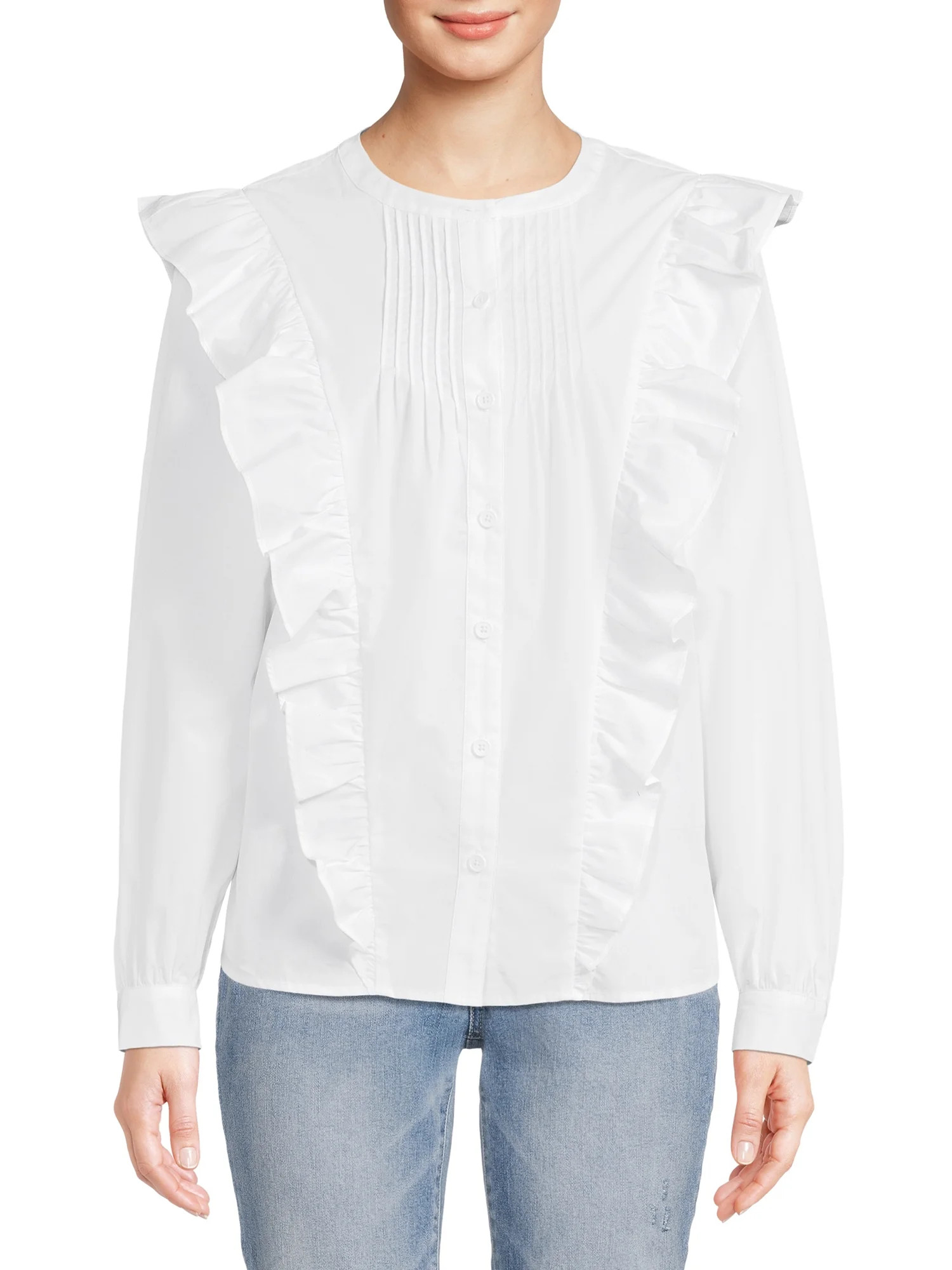 The Get Women's Long Sleeve Button Front Blouse with Ruffles | Walmart (US)