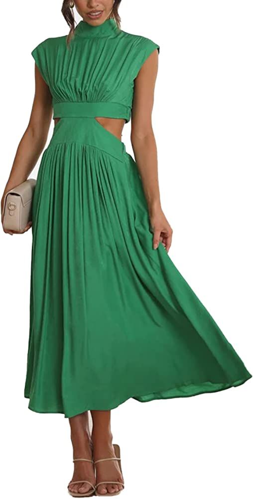 Awoscut Summer Dresses for Women Stand Collar Sleeveless Dress Defined Waist Hollow Ruffled Midi ... | Amazon (US)