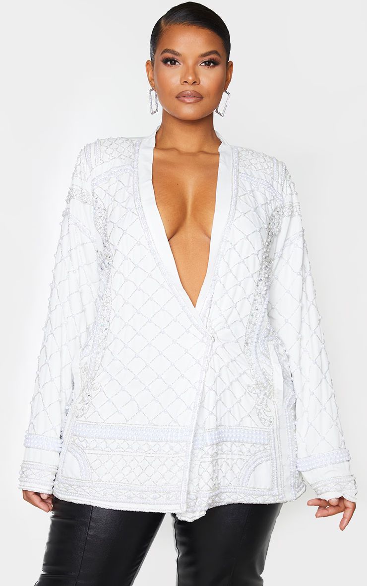 Plus White Premium Embellished Beaded Oversized Blazer | PrettyLittleThing US