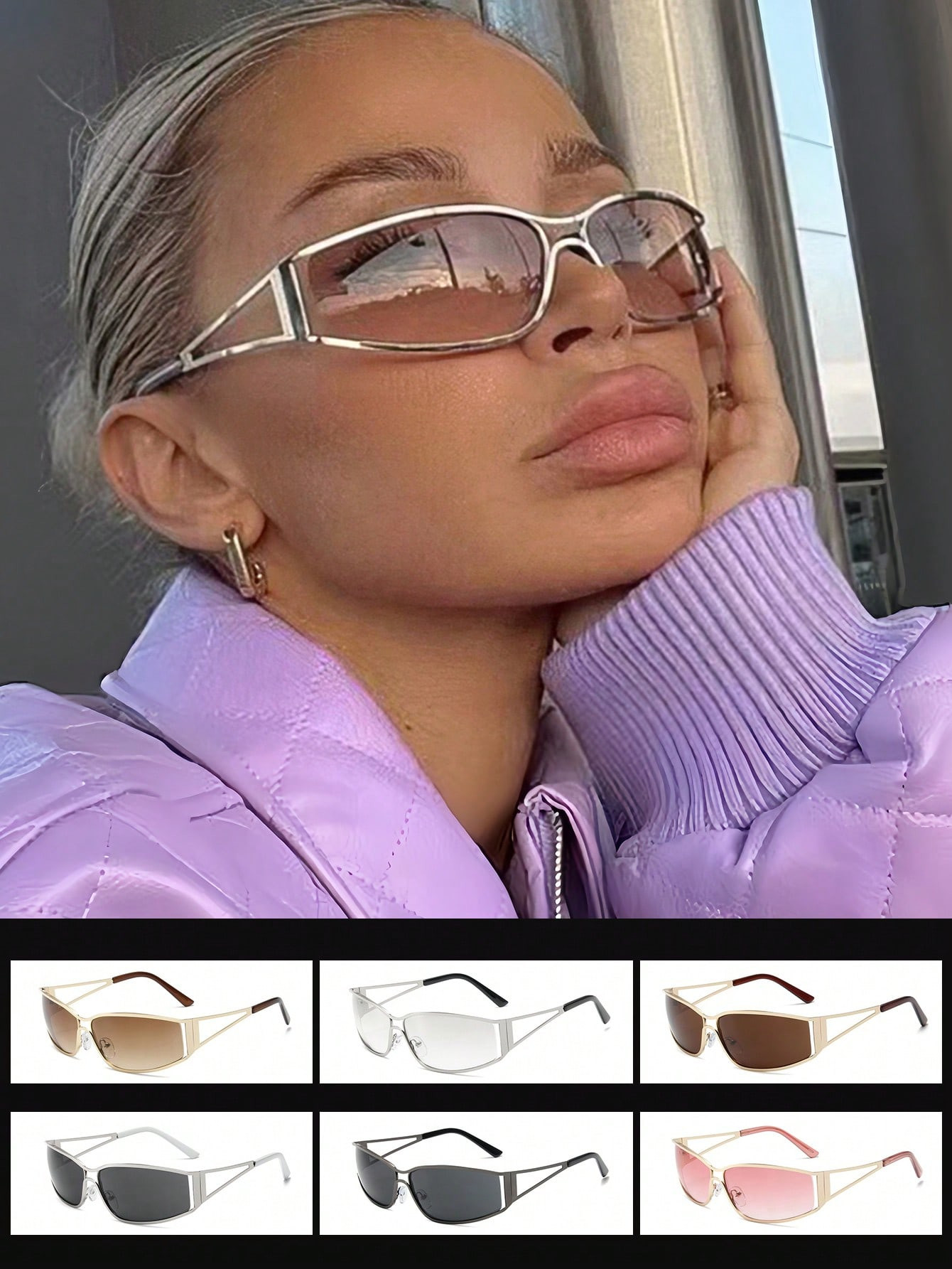 1pc Metal Y2k Hot Girl Style Wrapped Silver Tinted Fashion Sunglasses Street Beach Accessories Fo... | SHEIN