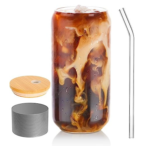 Drinking Glasses with Lid, Straw, 16oz Glass Cup Iced Coffee Tumblers, 1 Pc | Amazon (US)