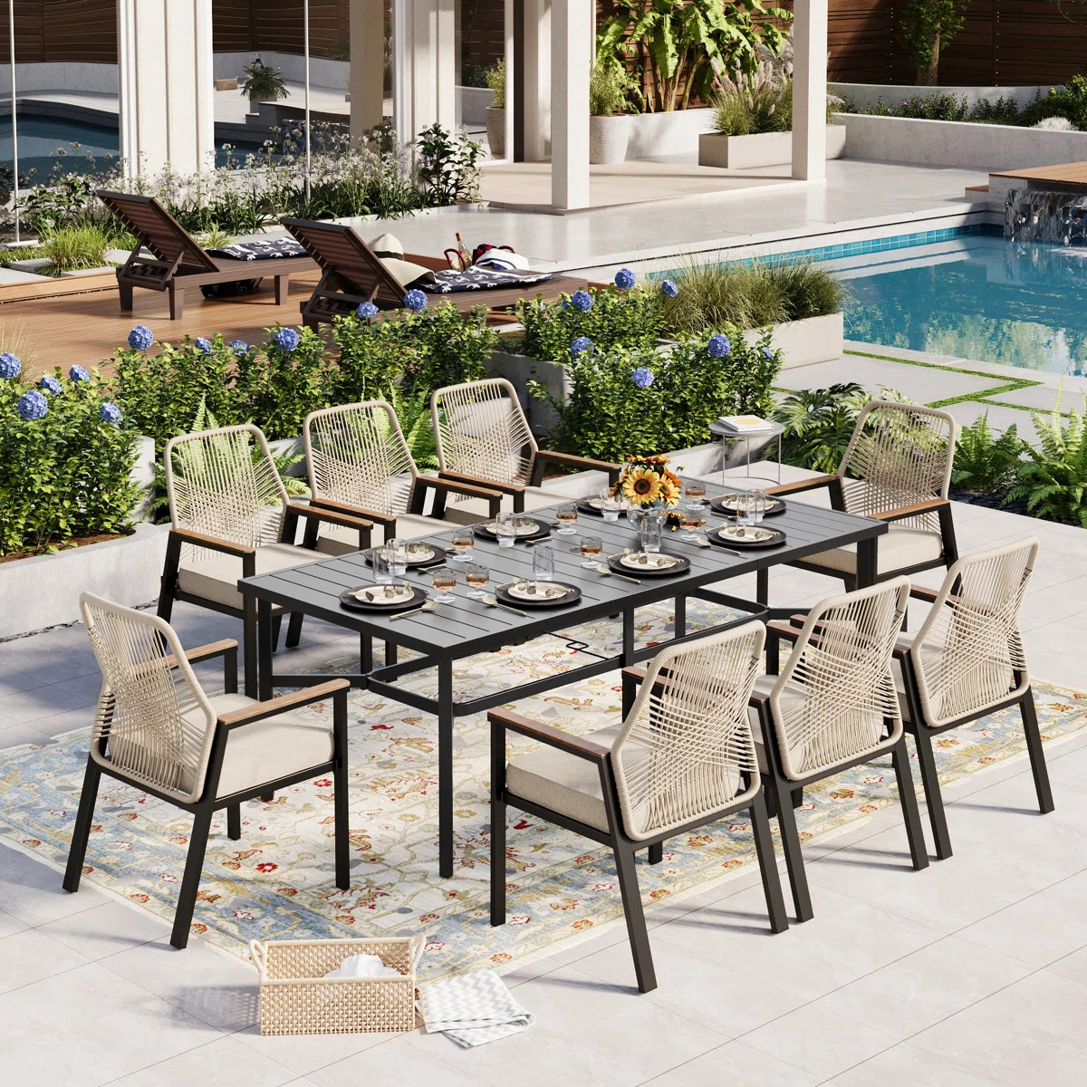 Dayshanay Rectangular 8 - Person 82.7'' L Outdoor Patio Dining Set With 8 Rattan Chairs | Wayfair North America
