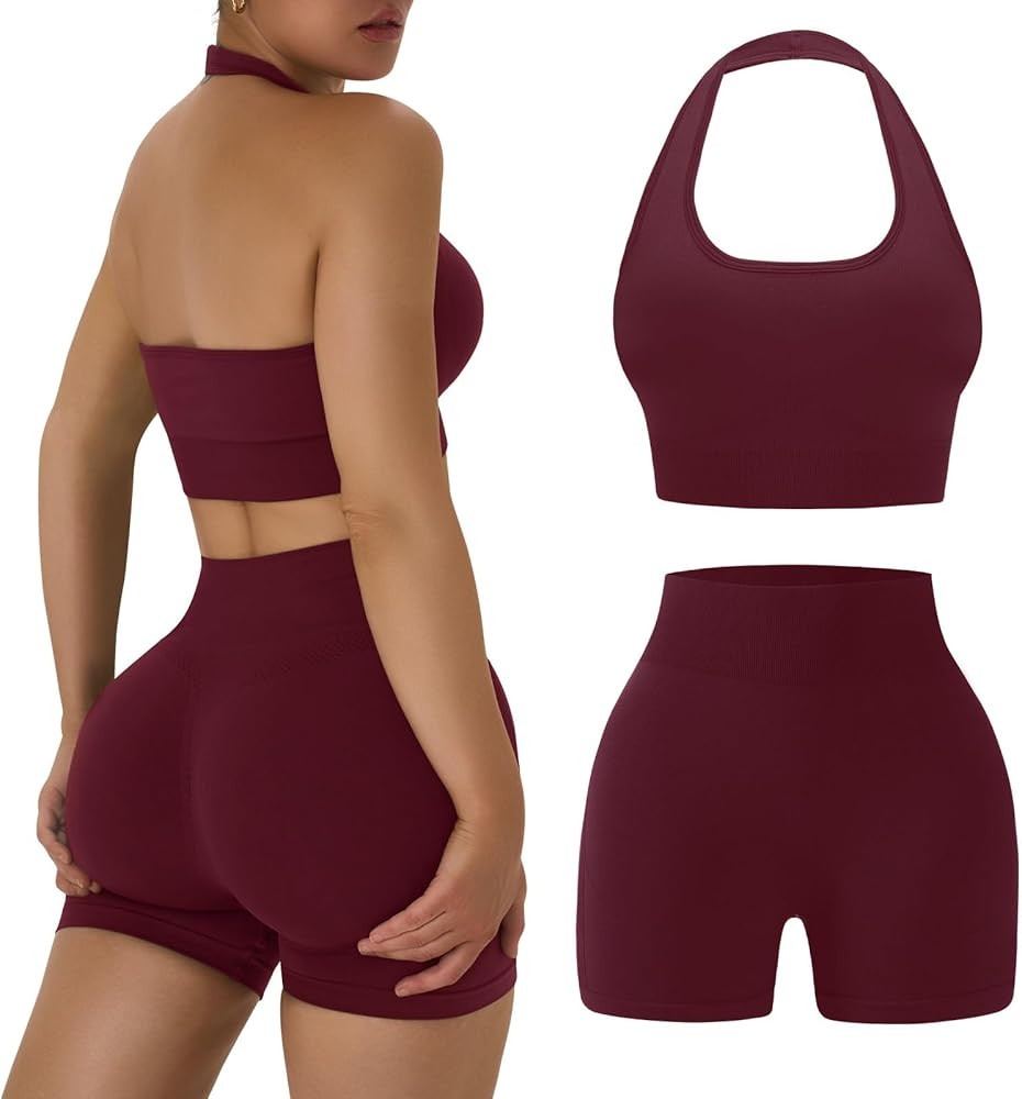 OLCHEE Workout Sets for Women 2 Piece Backless Halter Sports Bra High Waist Booty Shorts Yoga Gym... | Amazon (US)