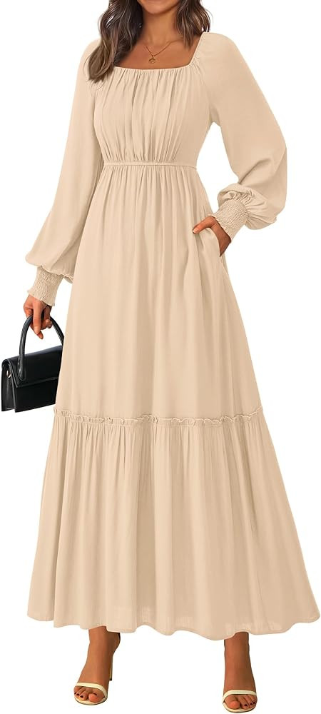 KIRUNDO Casual Fall Dresses for Women 2026 Flowy Long Sleeve Maxi Dress Smocked Empire Waist Squa... | Amazon (US)