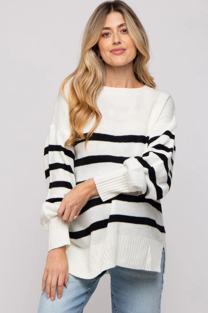 Ivory Striped Oversized Side Slit Maternity Sweater | PinkBlush Maternity