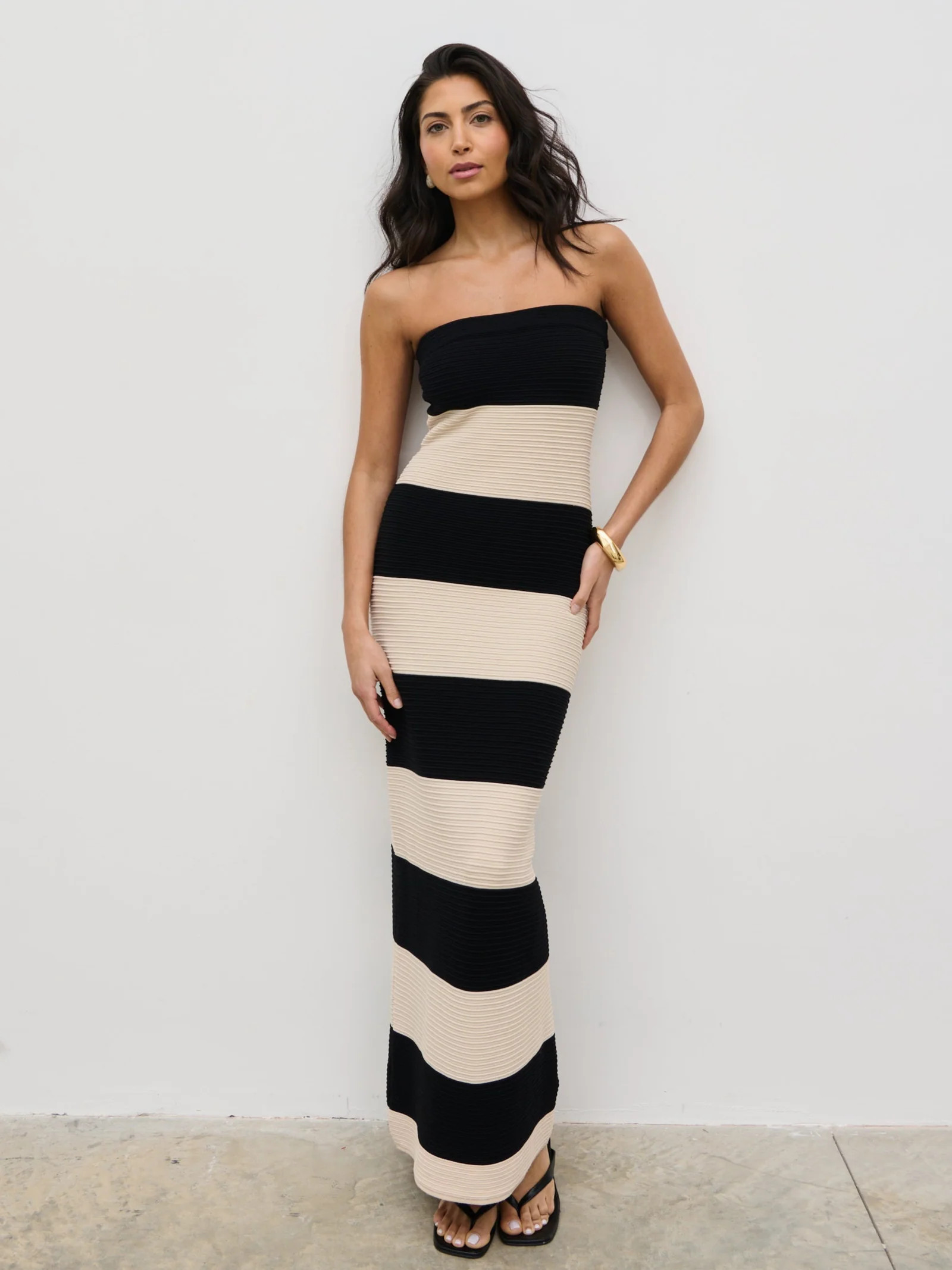 Jamie Bandeau Stripe Crochet Knit Maxi Dress - Black and Cream | Pretty Lavish (UK)
