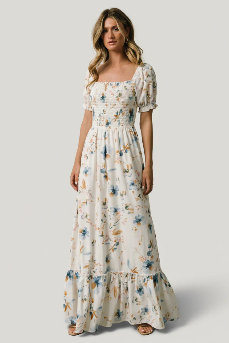 Capri Smocked Maxi Dress | White Multi Print | Baltic Born