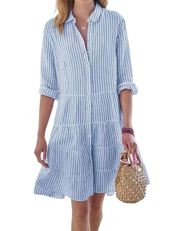 utcoco Womens Striped Button Down Midi Shirt Dress Casual Loose Cuffed Long Sleeve Mid Long Dress... | Amazon (US)