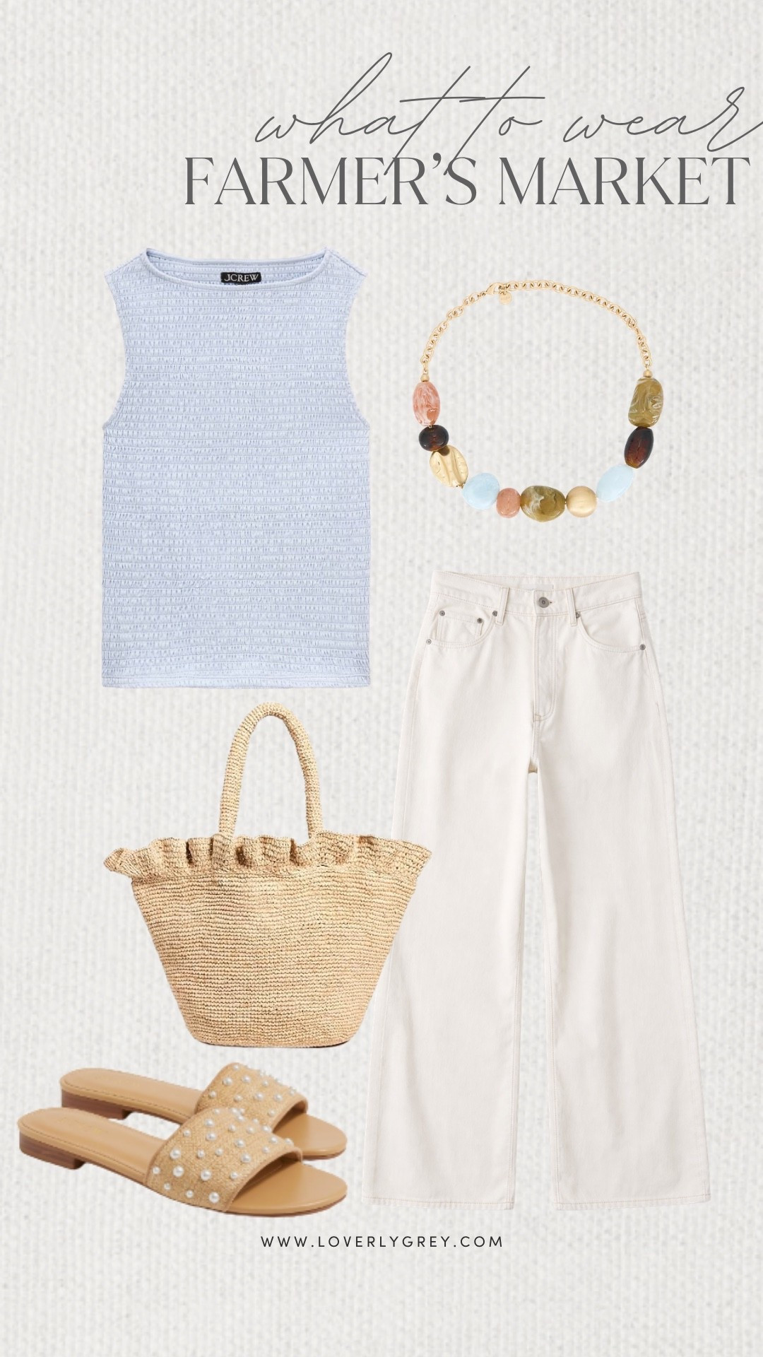 Loverly Grey, what to wear to a farmer’s market! I am loving this light blue top paired with white denim jeans and a beaded necklace! I added a fun tote and sandals to complete the look! Loverly Grey, what to wear, farmer’s market 

#LTKdayinmylife #LTKootd #LTKgrwm