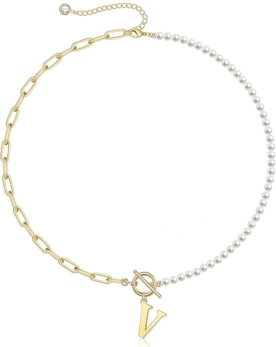 Yoosteel Gold Initial Pearl Necklace for Women, Toggle Clasp Paperclip Link Chain Choker Initial ... | Amazon (US)