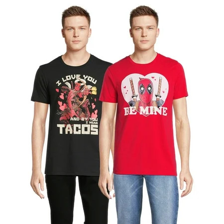 Deadpool Men’s and Big Men’s Be Mine Valentine’s Day Graphic Short Sleeve Tee 2-Pack Sizes XS-3XL | Walmart (US)