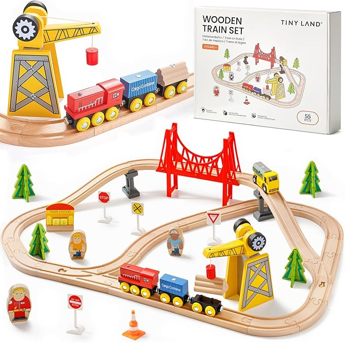 Tiny Land 55PCS Wooden Train Set - Compatible with Major Brand Tracks, Educational Toy for Toddle... | Amazon (US)