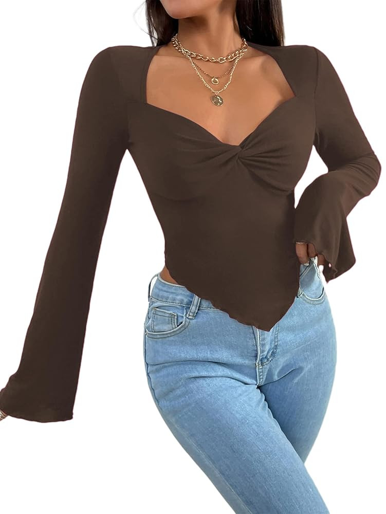 Avanova Women's Long Sleeve Square Neck Crop Top Twist Front Asymmetrical Shirt | Amazon (US)