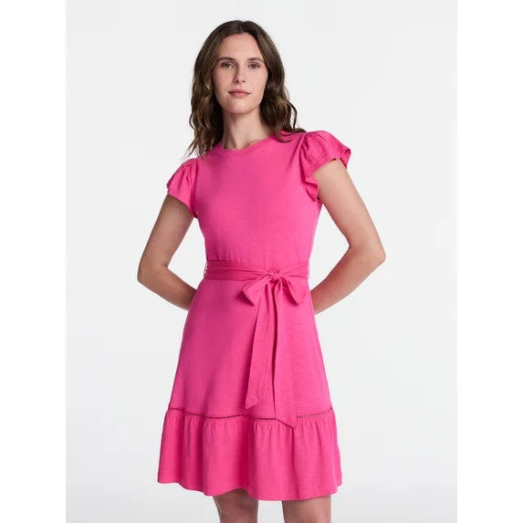 Time and Tru Women's and Women's Plus Belted Mini Dress with Flutter Sleeves, Sizes XS-4X | Walmart (US)