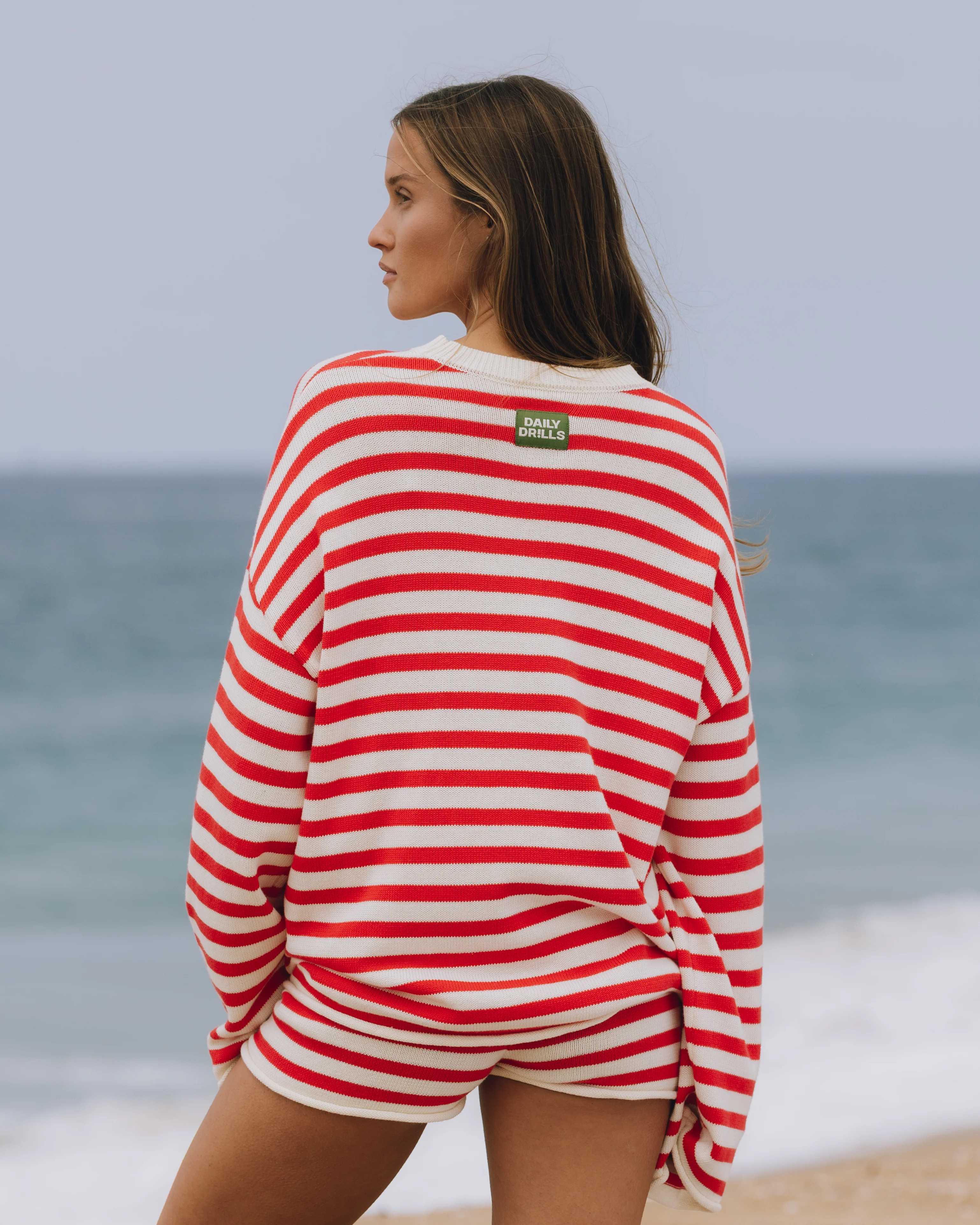 Beach Knit Oversized Sweater - Heart + White Stripe | Daily Drills LLC