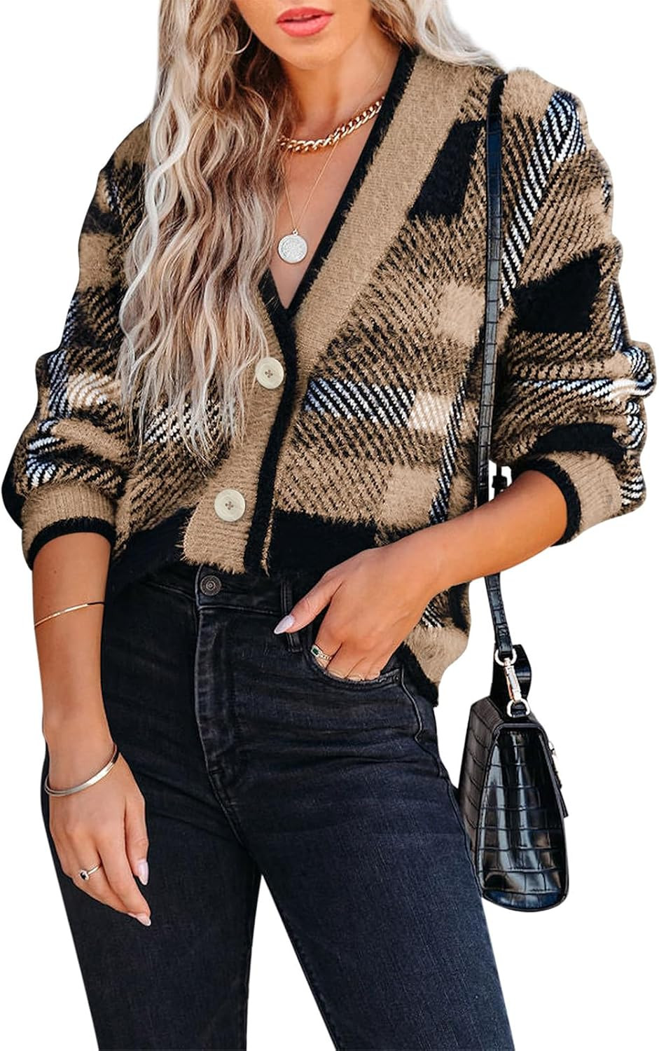 Imily Bela Womens Cardigan Sweaters Plaid Fuzzy Knit V Neck Button Down Long Sleeve Cozy Cardigans Pullover Tops | Amazon (US)