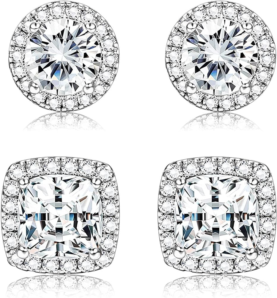 1-2 Pairs 925 Sterling Silver Mens Earrings Cubic Zirconia Halo Stud Earrings for Men 18K Gold Pl... | Amazon (US)