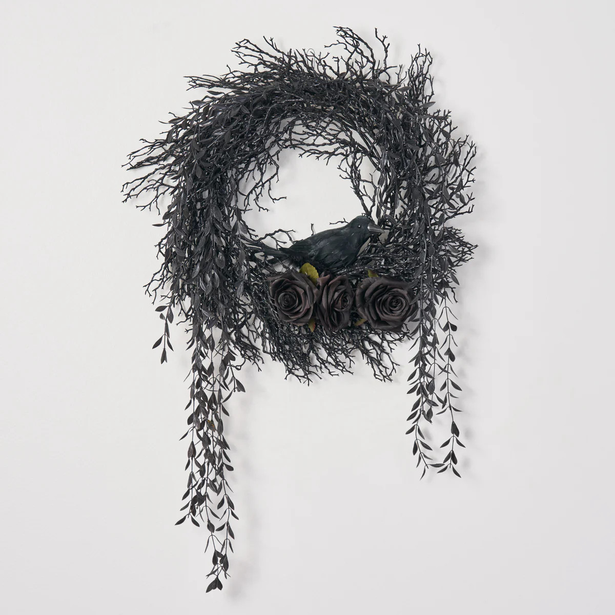 The Nevermore - Feathered Raven Bird, Black Magic & Gilded Branch Halloween Wreath | Darby Creek Trading