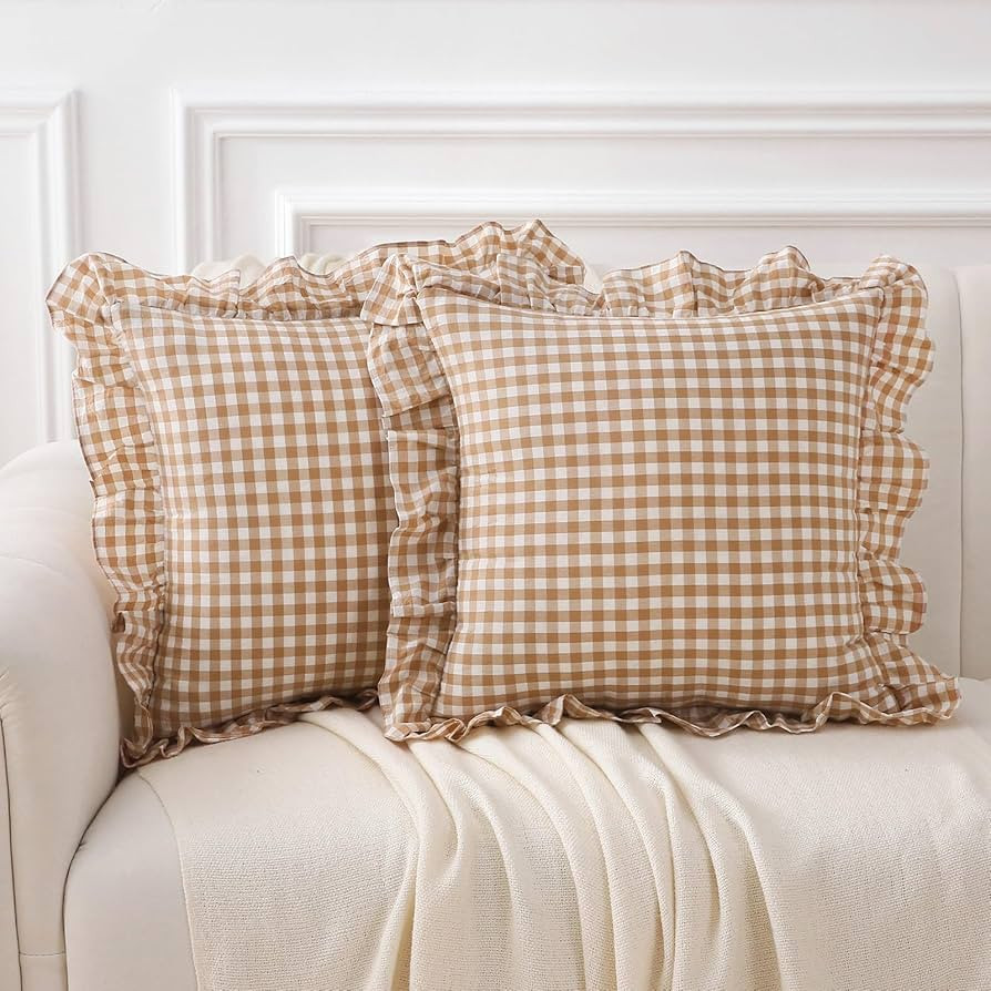 2 Pack Taupe White Plaid Ruffle Gingham Throw Pillow Covers 18x18 inches, 100% Washed Cotton Chec... | Amazon (US)