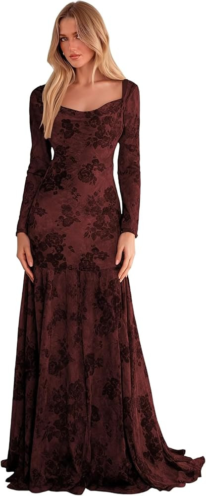 Dessiny Long Sleeves Velvet Dresses for Women 2026 Floral Print Vintage Cocktail Maxi Dress DE272 | Amazon (US)