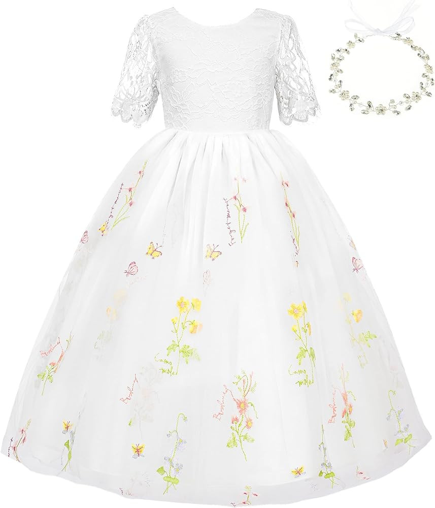 Uhnice Flower Girl Lace Tulle Dress Floral Embroidery Gown Elastic Waist with Headband for Weddin... | Amazon (US)