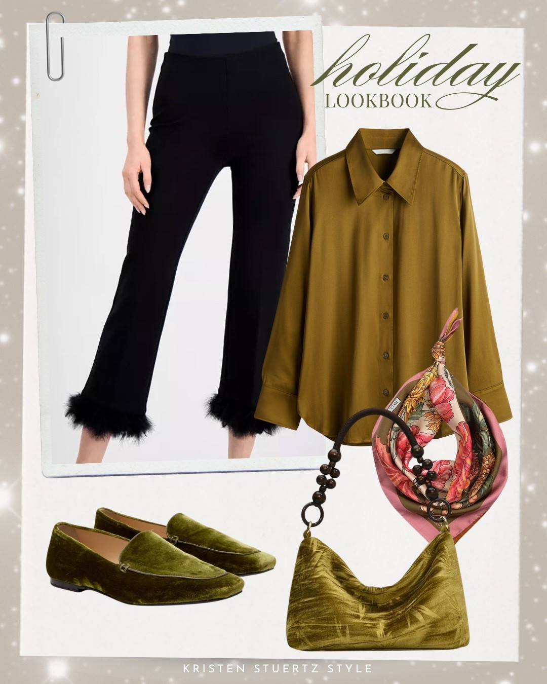 Fall outfit: black pants trimmed in feathers, olive green blouse, velvet mules, a satin scarf, and velvet bag.

#fall outfits #button up blouse #flats #flat shoes #velvet mules #velvet purse

#LTKOver40 #LTKootd #LTKWorkwear