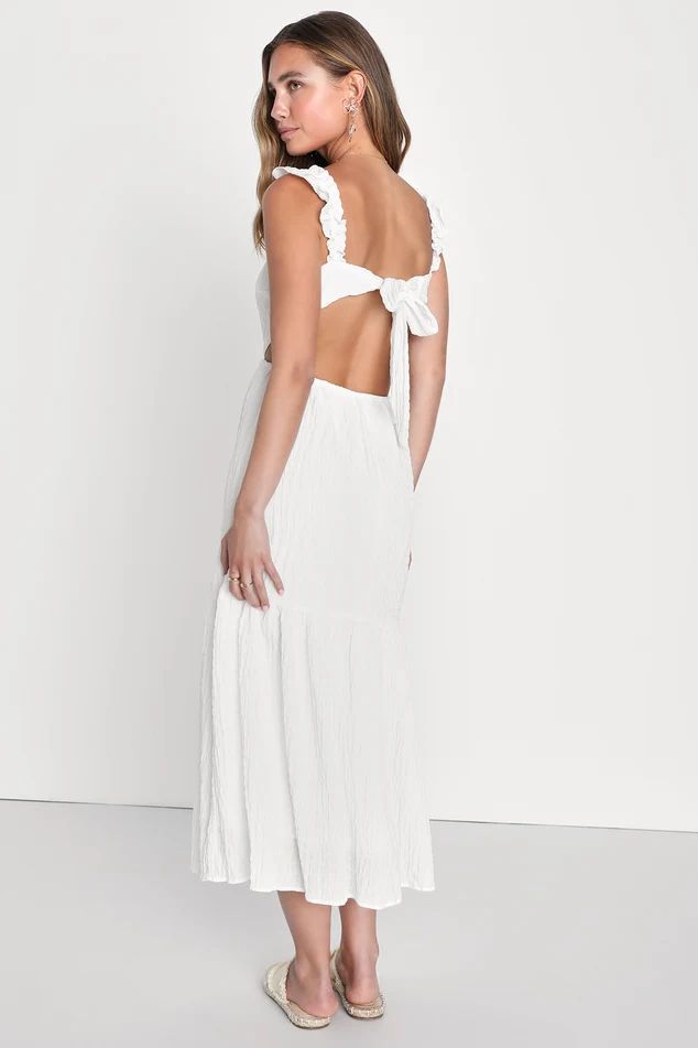 Dreamiest Darling White Smocked Tie-Back Tiered Midi Dress | Lulus