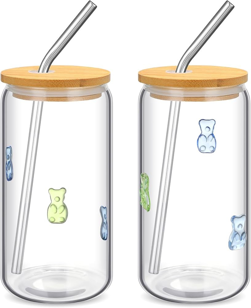 Honeydak 2 Pcs Bear Icon Juice Glass Tumbler with Lid & Straw - 18 oz Candy Bear Drinking Glasses... | Amazon (US)