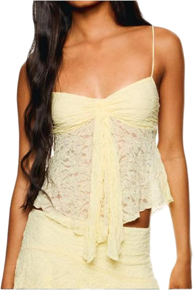 Women Ruffled Cami Tops Y2k Eyelet Lace Tank Top Cute Bow Detail Spaghetti Strap Solid Color Ruff... | Amazon (US)