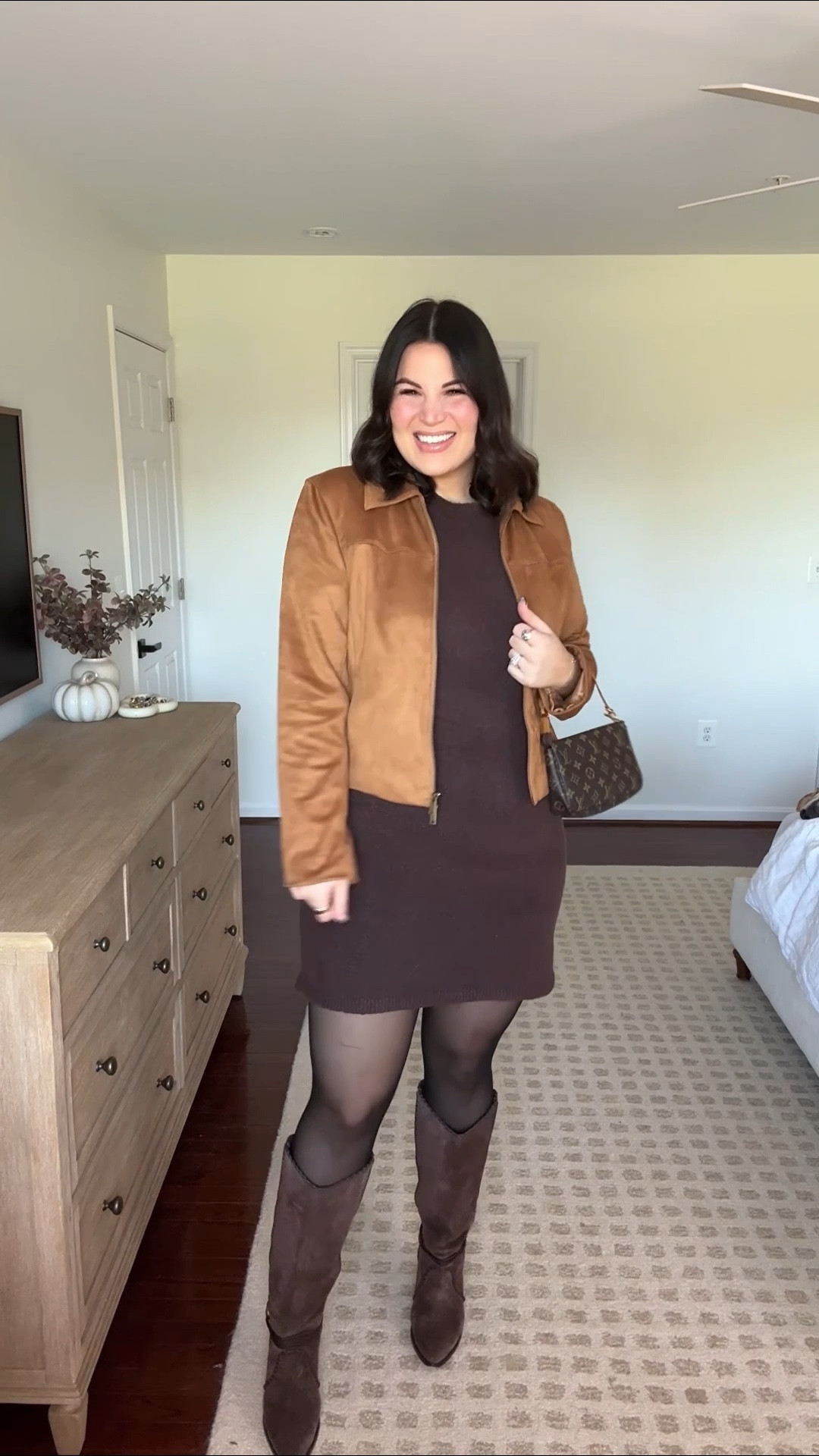 Midsize Thanksgiving outfit! Can’t go wrong with comfy sweater dress for thanksgiving + I paired this one with this faux suede dress + boots to match ✨ 

Tights - xl
Sweater dress - large tall
Boots - 10 *wide calf 
Jacket - large (would have liked an xl for an oversized fit) 



#LTKHoliday #LTKMidsize #LTKTall