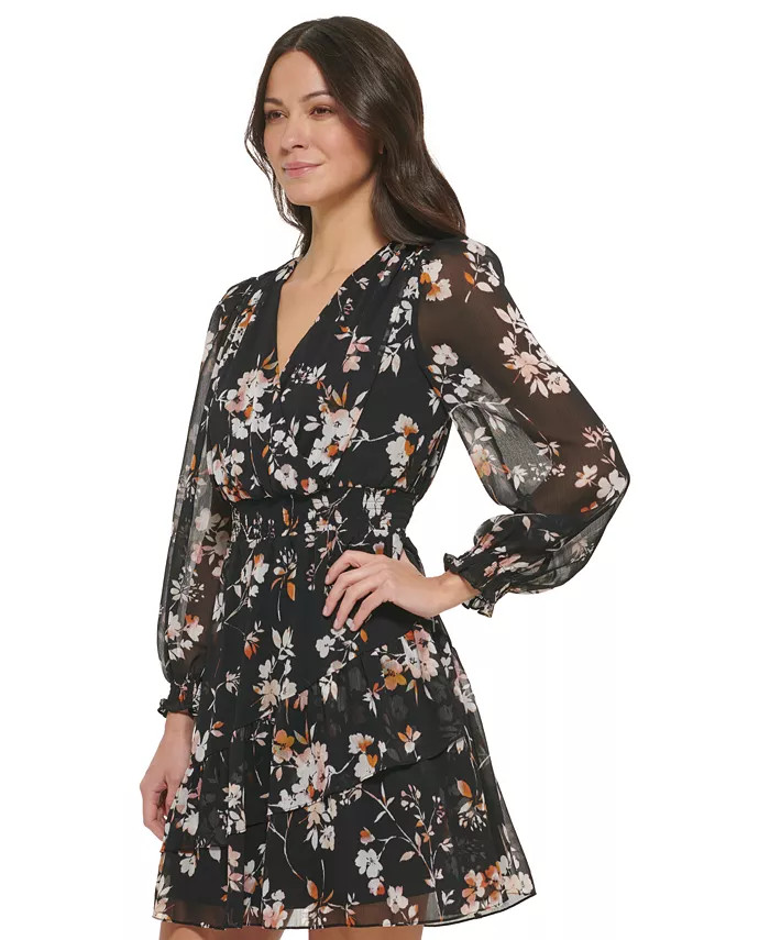 DKNY Women's Floral-Print Smocked Fit & Flare Dress - Macy's | Macys (US)