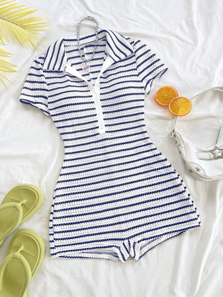 Soleia Striped Casual Jumpsuit For Women, Suitable For Valentine's Day, Vacation, Date, Beach, Summer Outfit For Women | SHEIN