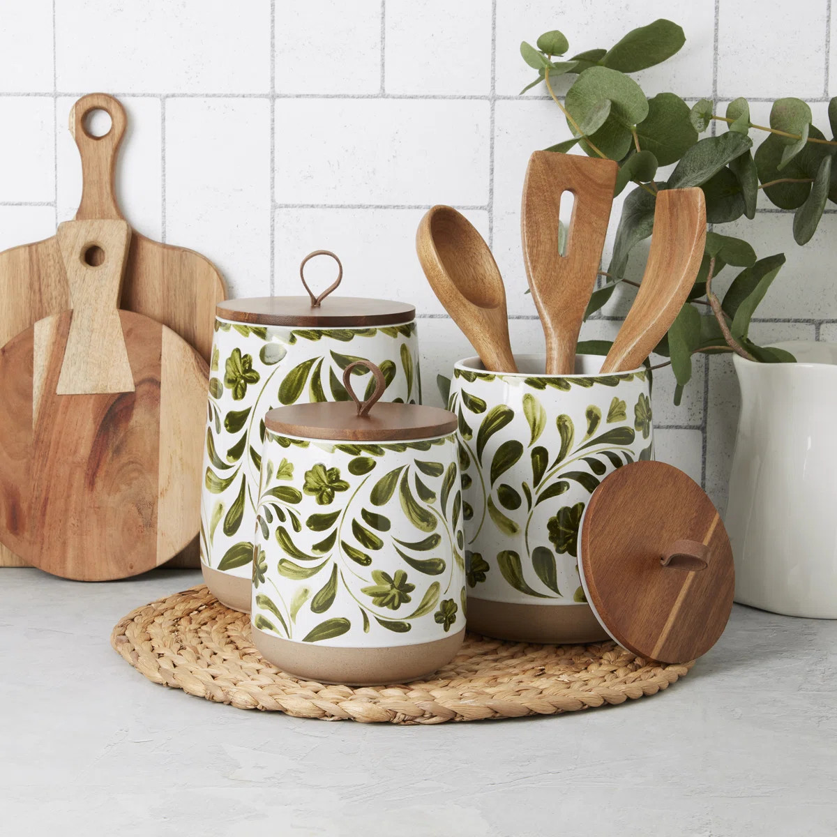 Tabletops Gallery 3-Piece Stoneware Canister Set with Acacia Wood Lids, Botanical Green | Wayfair North America