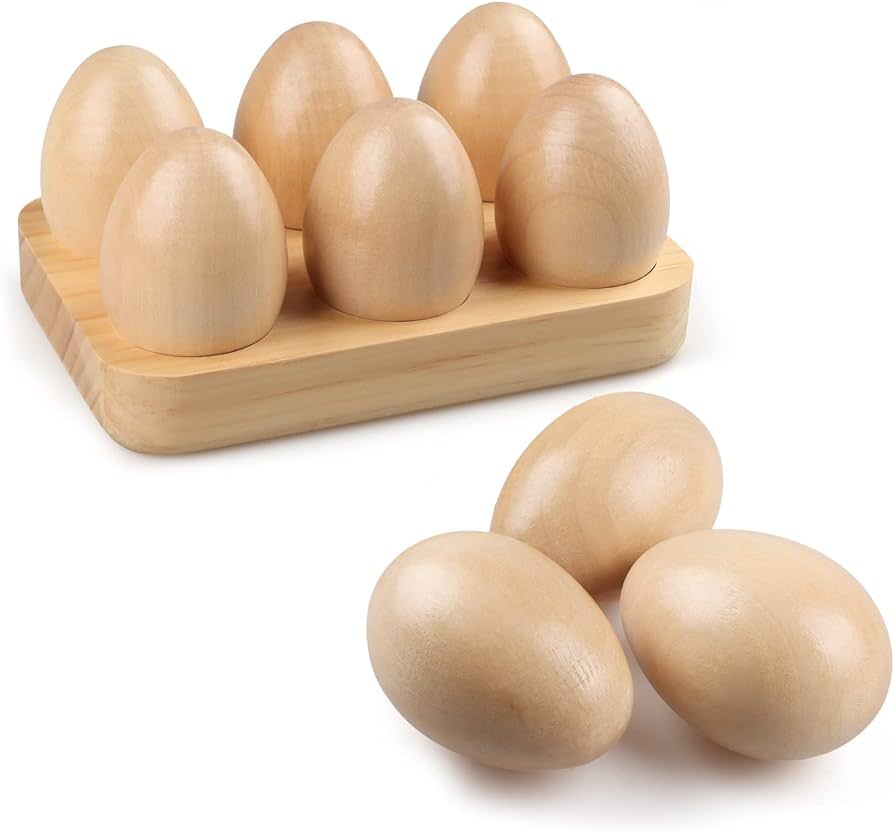 WHOHOLL Wooden Eggs, 6 Pcs Fake Eggs with Holder, Play Eggs for Kids Kitchen, Realistic Fake Food... | Amazon (US)