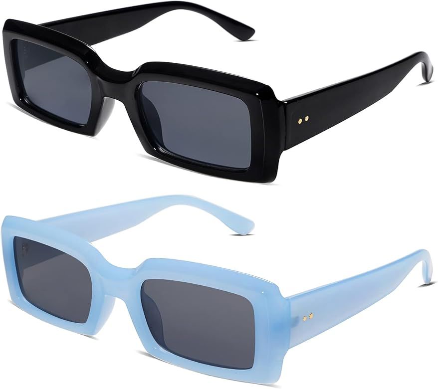 Allarallvr Trendy Rectangle Sunglasses for Women Men Vintage 90's Square Shades Thick Frame Nude Sun | Amazon (US)
