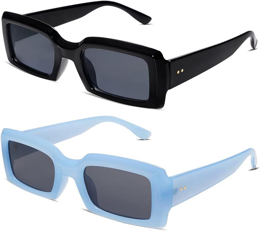 Allarallvr Trendy Rectangle Sunglasses for Women Men Vintage 90's Square Shades Thick Frame Nude Sun | Amazon (US)