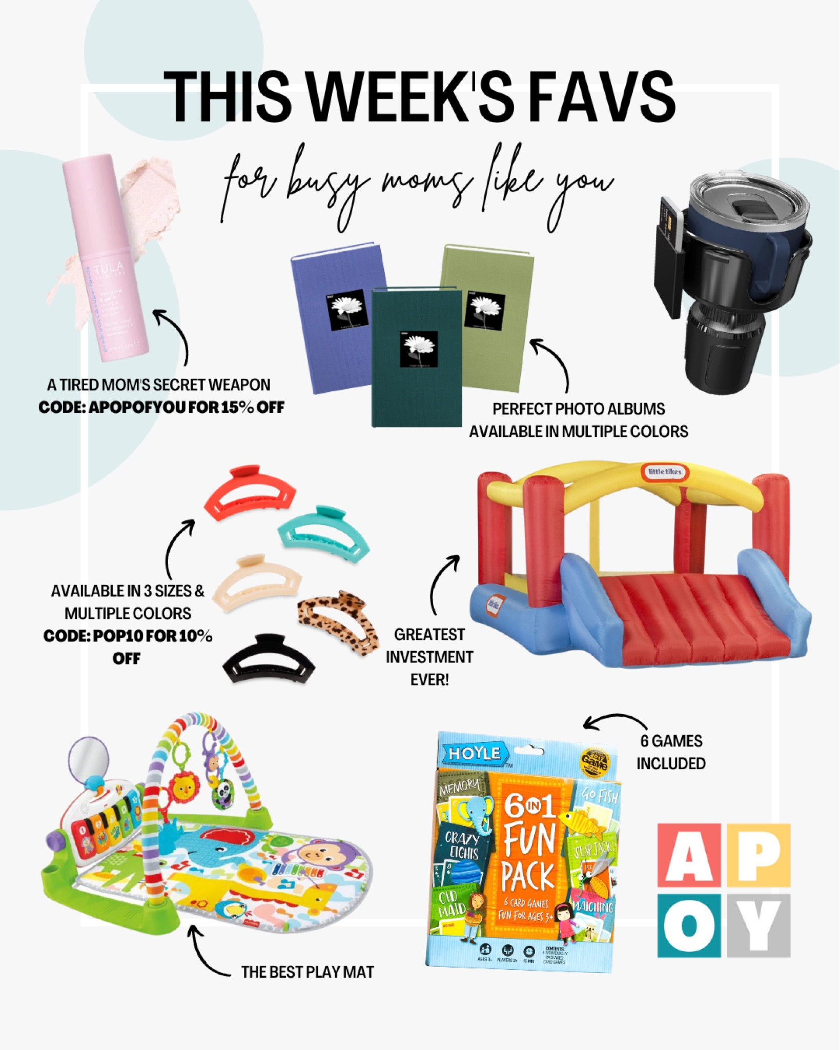 This week’s favorites all in one place! The Tula glow + get it stick is actually a gamechanger for tired moms. My favorite fabric photo albums because I’m still the mom that prints pictures. 👏🏼 And, of course, my car mug holder because coffee is a must. Oh! Plus, Teleties came out with open clips and I’m OBSESSED! Snagged you guys a code!

The girls have been loving their Fisher Price bounce house, infant piano mat, and the 6-n-1 card game I found on Amazon! 👏🏼👏🏼

#LTKfamily #LTKkids #LTKFind