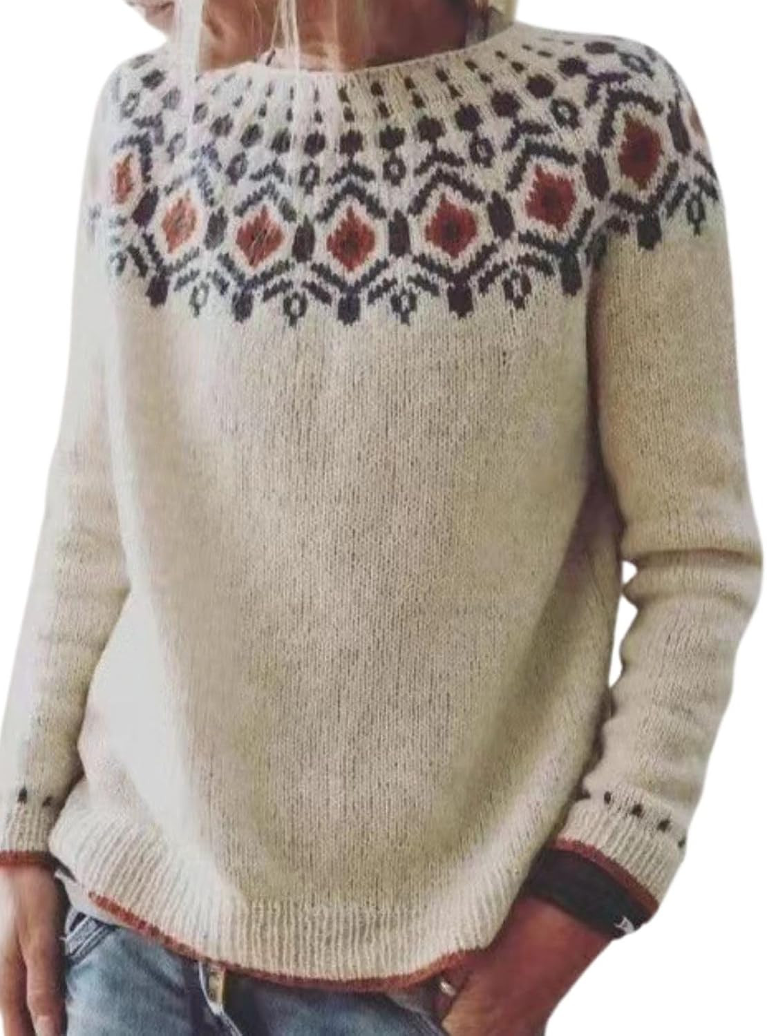 DMOYALA Women's Fair Isle Sweater Long Sleeve Boat Neck Pullover Tops 2025 Vintage Knitted Sweater Tops for Christmas | Amazon (US)