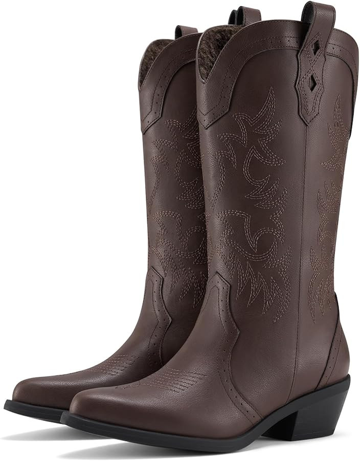 Rollda Women's Cowboy Boots Snip Toe Cowgirl Boots Embroidered Mid-Calf Western Boots Ladies Dist... | Amazon (US)