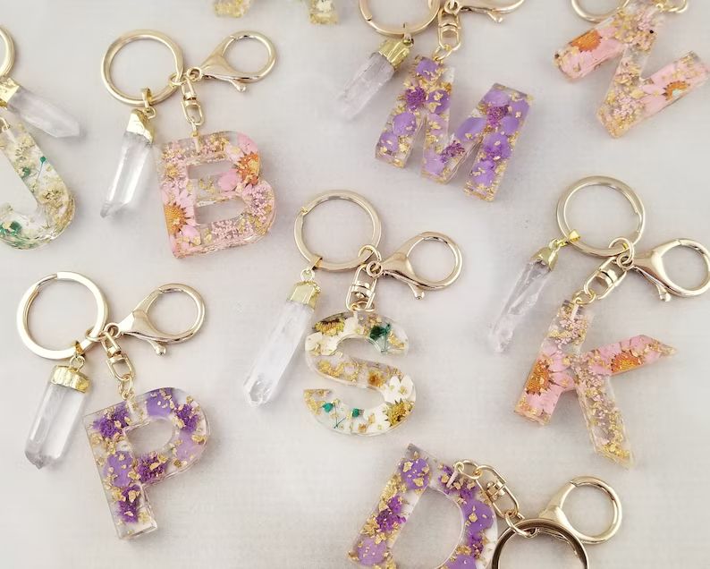 Dried Flower Initial Keychain - Crystal Quartz Resin Keychain - Custom Keychain - Key Ring - Stoc... | Etsy (US)