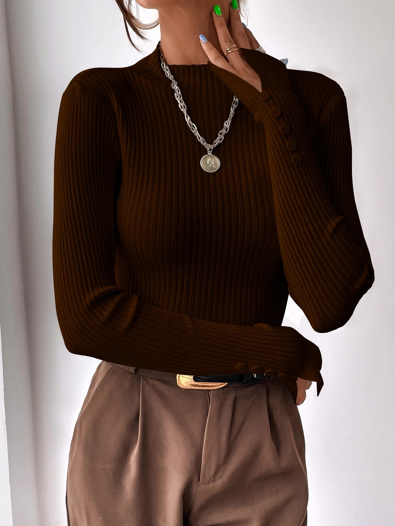 SHEIN BIZwear Split Cuff Ribbed Knit Sweater Workwear | SHEIN