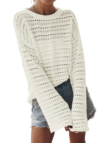 Sidefeel Womens Fall Outfit 2025 Lightweight Sweater Crochet Hollow Out Knit Winter Clothes Small White | Amazon (US)