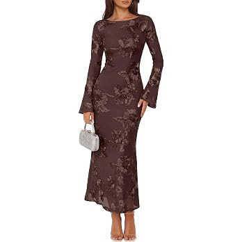 ZESICA Women Fall Long Sleeve Wedding Guest Cocktail Midi Dress | Bodycon, Mesh, Back Slit, Flora... | Amazon (US)