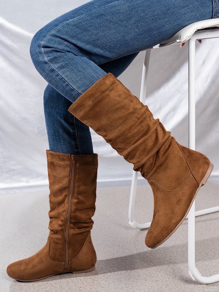 Women's Brown Elegant & Simple Suede-Like Casual Boots With Pleated Design Side Zipper | SHEIN