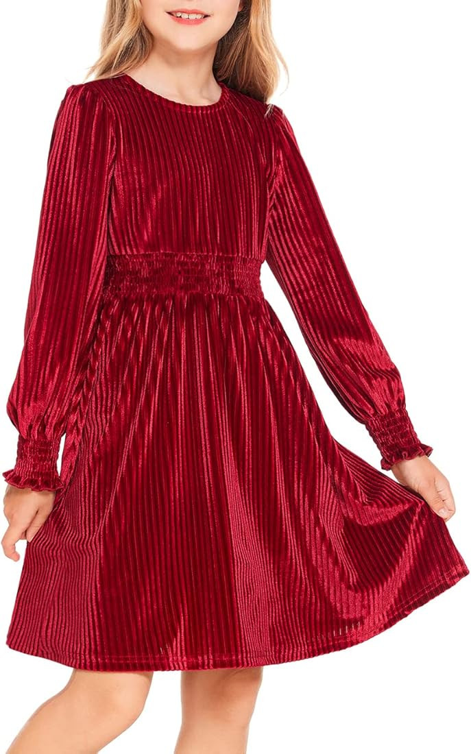 Arshiner Girls Long Sleeve Dress Velvet Crew Neck Midi Fall Vintage Plain Dress for Kids 4-13Y | Amazon (US)