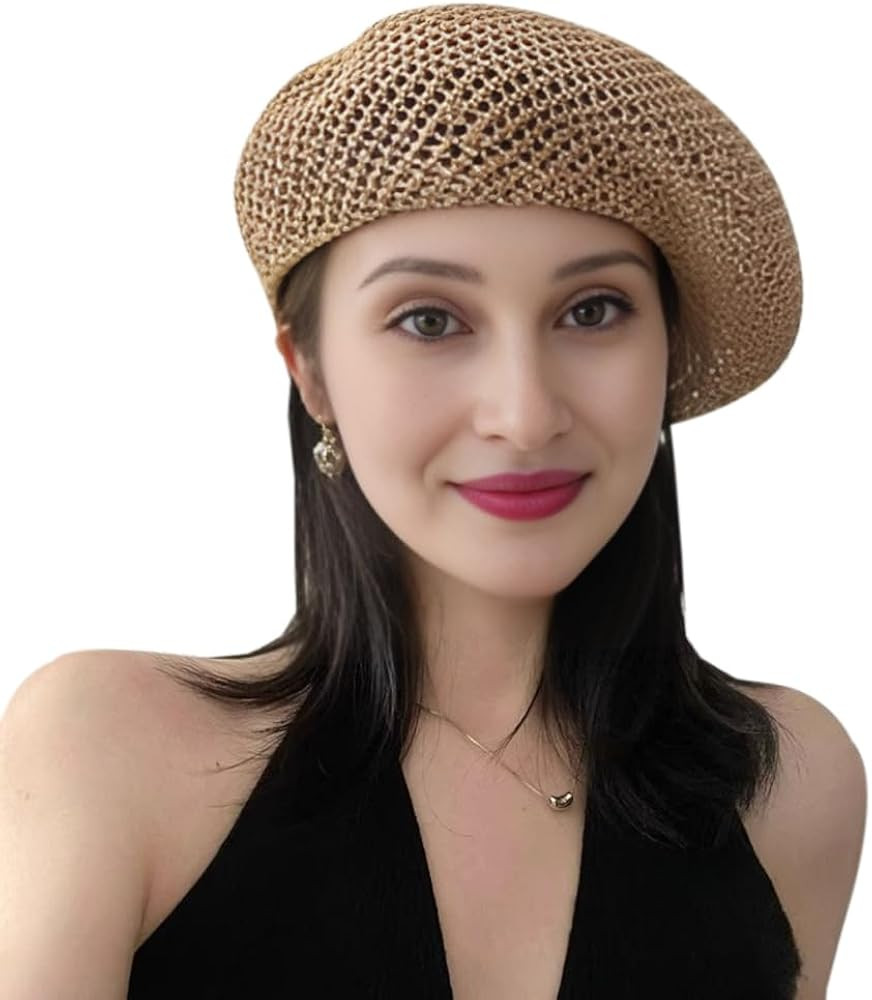French Beret Hat for Women Summer Slouchy Crochet Beach Hat Solid Color Beanie Hat | Amazon (US)